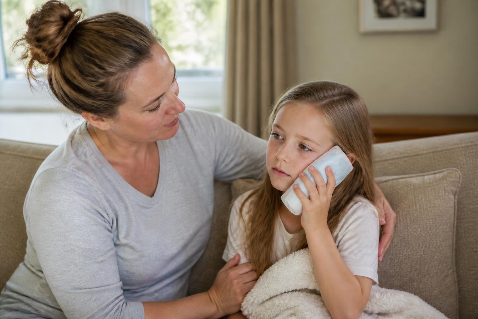 Parent comforting a child holding a cold compress against their cheek