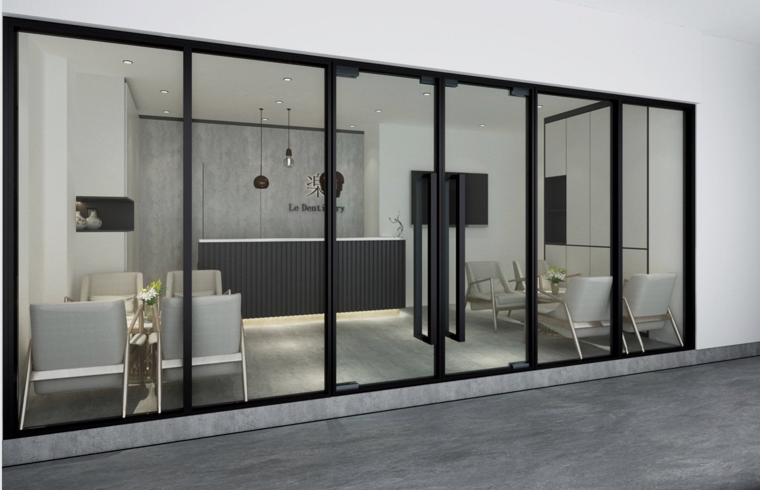 Modern Le Dentistry clinic interior with glass facade and reception counter