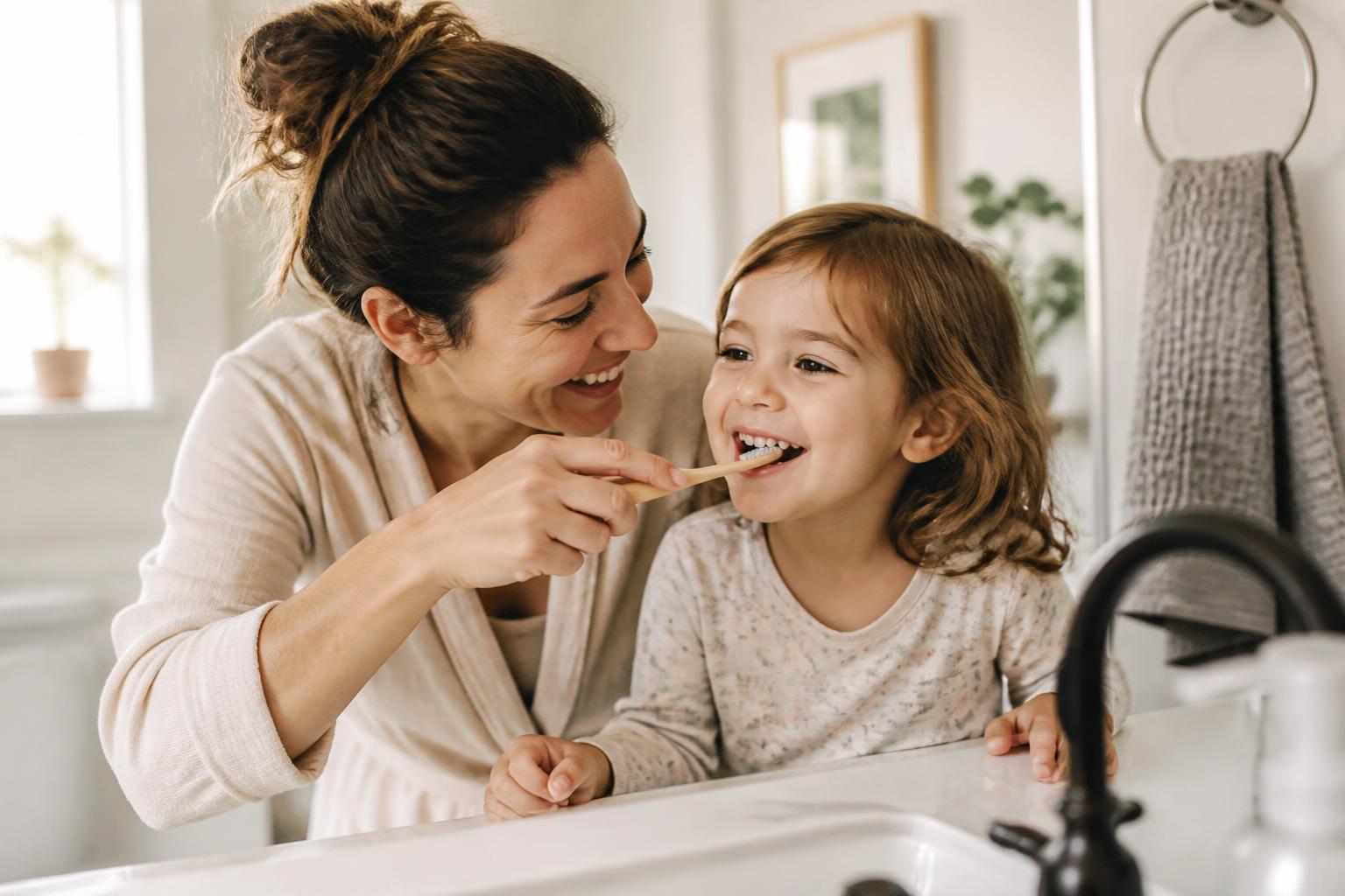 Parent helping a young child brush their teeth at the bathroom sink