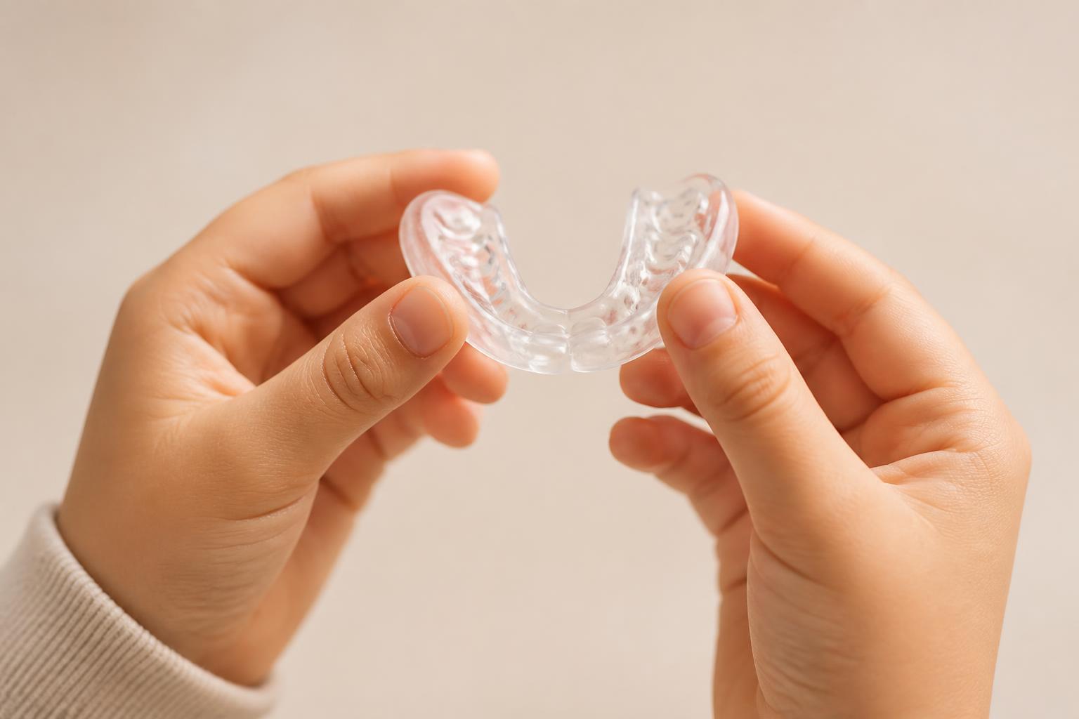 Child holding a clear custom-fitted sports mouthguard