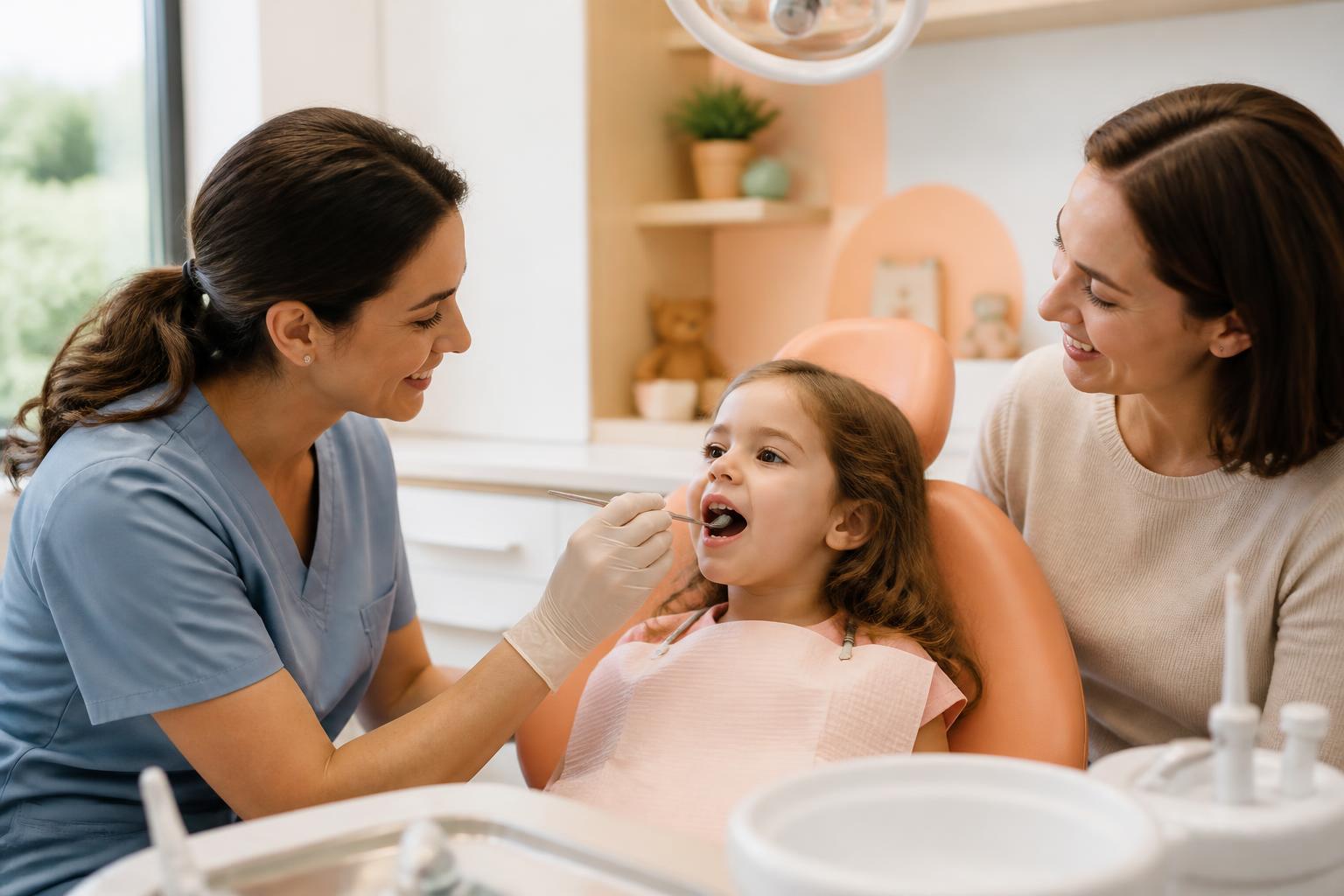 Dentist gently examining a young child’s teeth while a parent holds her hand